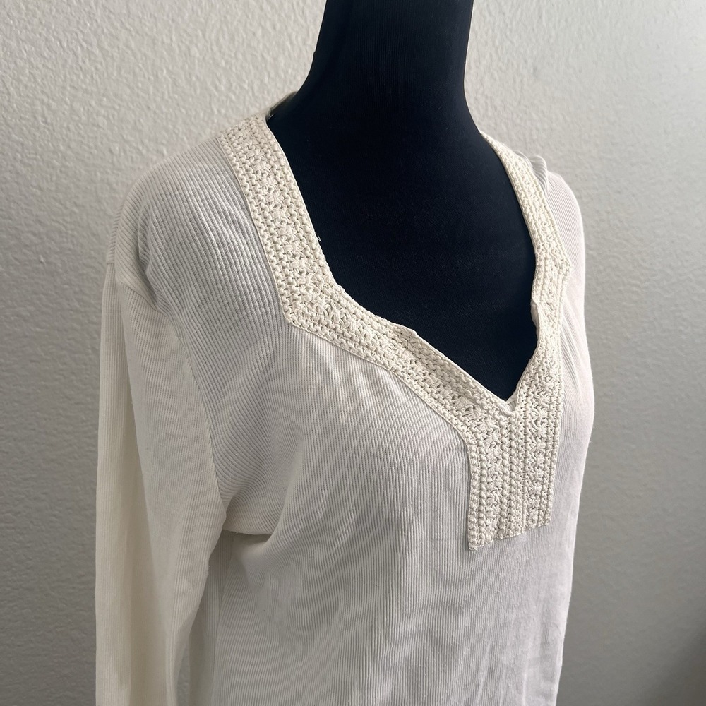 Prana Women's Large Ivory Top Blouse Crochet Bell Sleeve Boho Ribbed - Picture 3 of 10